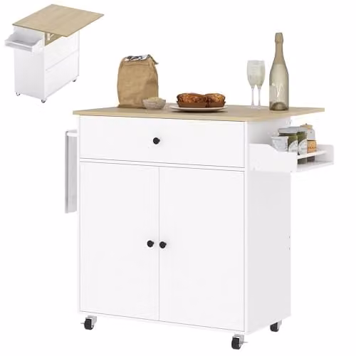 HOMCOM Modern White Kitchen Island with Hinged Doors, Internal Drawers and Shelves, W/D/H: 106 x 87 x 42 cm – 1