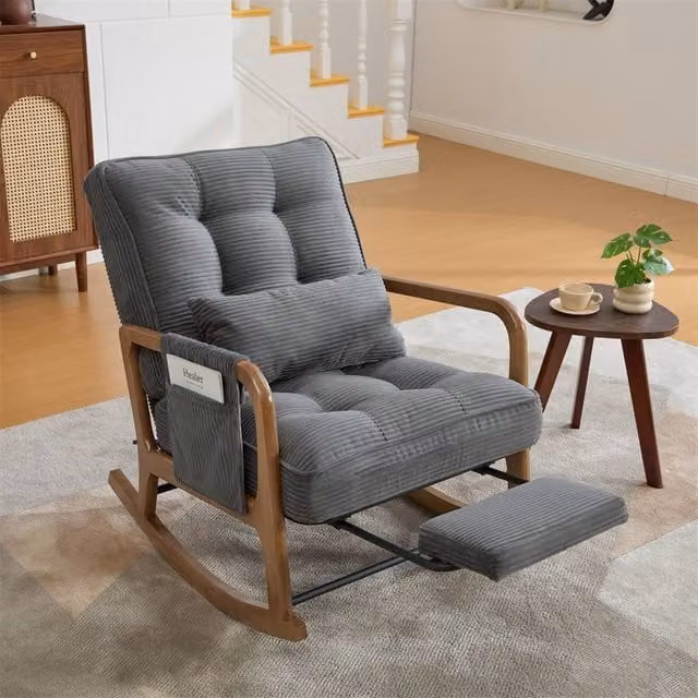 Direct Wicker Grey Corduroy Upholstered Rocker Glider Chair with Footrest and Side Pocket – 1