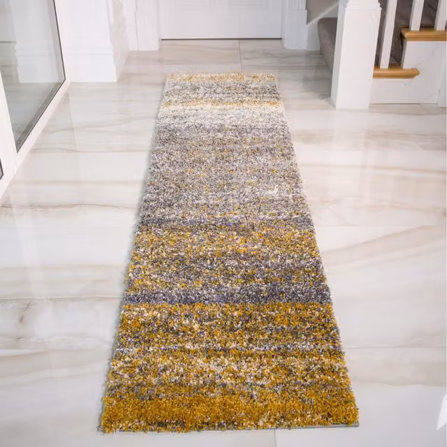 The Rug House Super Soft Feel Mottled Striped Shaggy Area Rug in Yellow, W: 240 cm, D: 60 cm