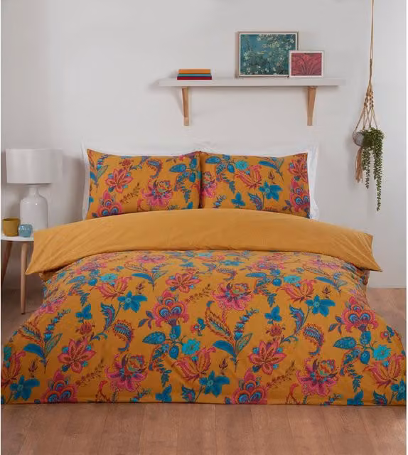 Divante Safia Reversible Floral Duvet Set in Yellow Boho Nature Design, W: 140 cm x L: 200 cm