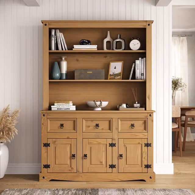Mews Corona Sideboard with Hutch Welsh Dresser Top in Brown Rustic Pine with 3 Doors and 3 Drawers