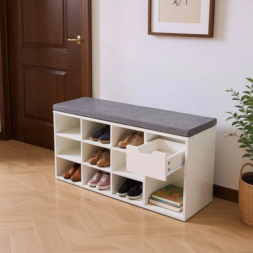 KORVIXA White Wooden Shoe Bench with Fabric Cushion Seat and Shoe Rack, Width: 90 cm – 2