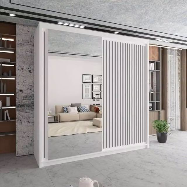 Sliding Wardrobes 4U Sleek White Mirror Sliding Wardrobe with LED Lighting, W203cm x H217cm – 1