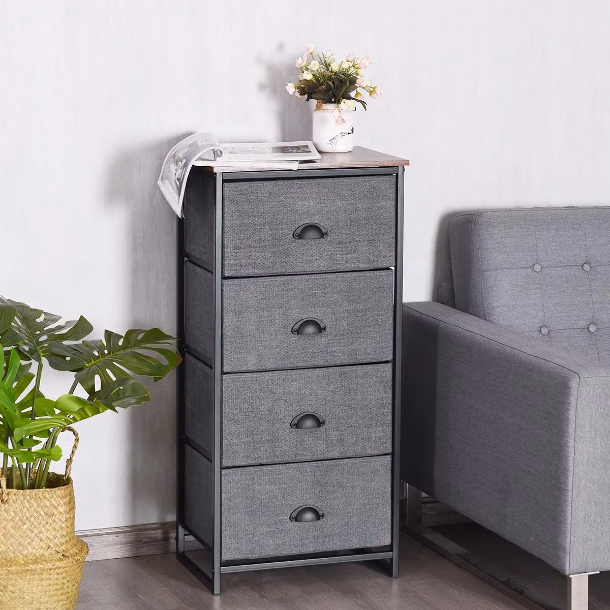 Costway 4-Drawer Fabric Dresser with Metal Frame, Grey Multicolour Chest of Drawers and Nightstand – 2