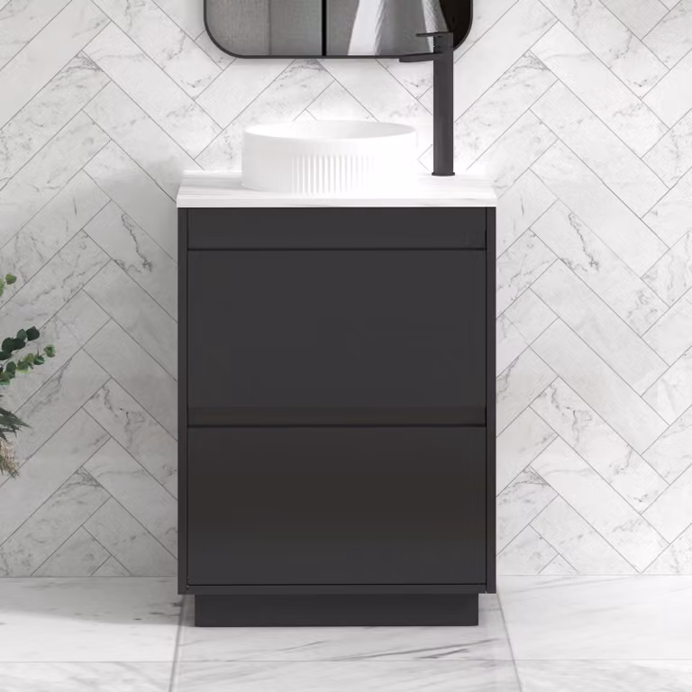 Royal Bathrooms Orion 600mm Matt Obsidian Black Floor Standing Countertop Vanity Unit with 2 Drawers, Round Basin and Black Accent Trim