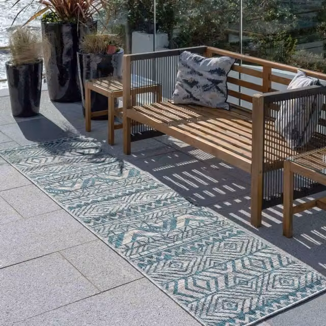 The Rug House Tribal Blue Ethnic Geometric Flatweave Indoor Outdoor Rug W: 240 cm, D: 60 cm