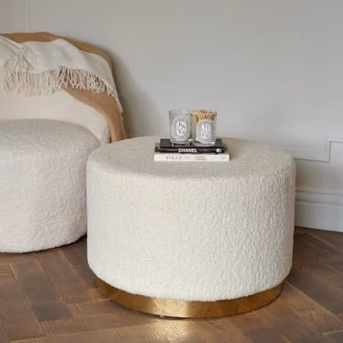LPD Home Lara Ted Large Pouffe Footstool in White Shearling Fabric with Gold Effect Frame, W/D/H: 60 x 40 x 60 cm – 3