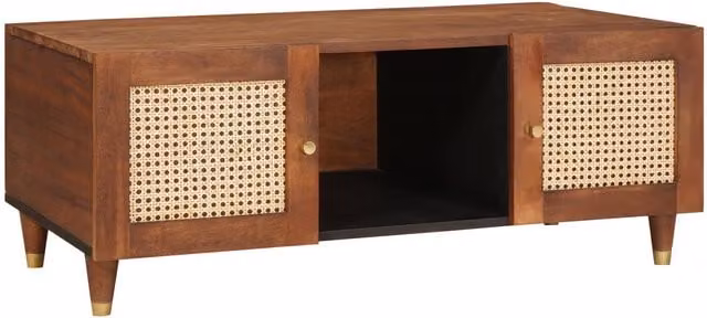 Berkfield Home Brown Cane and Solid Mango Wood Coffee Table with Storage Shelf and Door – 1