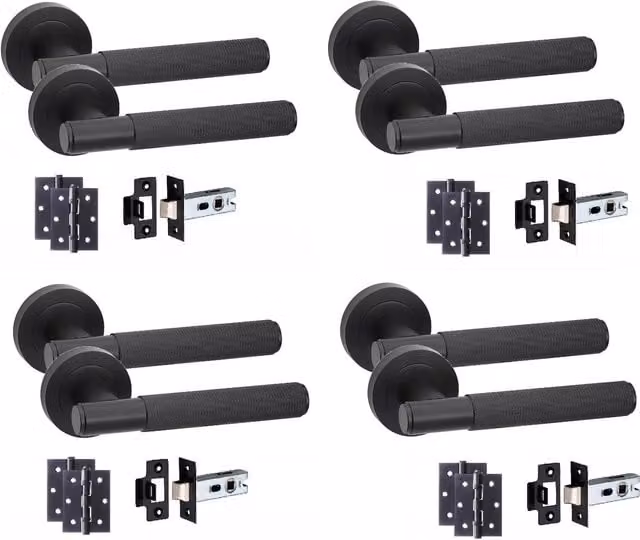 Golden Grace 4 Set Knurled T-Bar Door Handles on Rose Internal Set in Matt Black