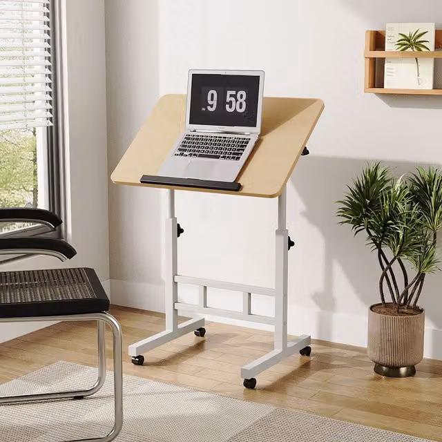 Livingandhome Height Adjustable Bed Table with Castors in Maple and White