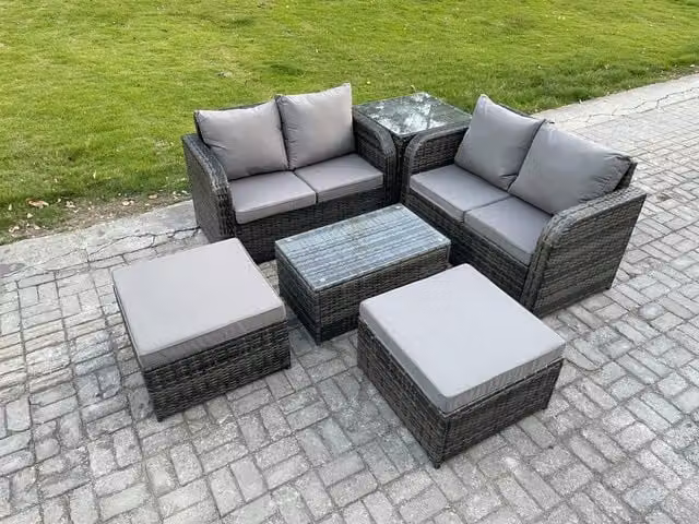 Fimous 6 Seater Rattan Garden Furniture Set in Dark Grey with L-Shape Sofa, 2 Seater Sofa, Coffee Table with Tempered Glass and Matching Ottomans