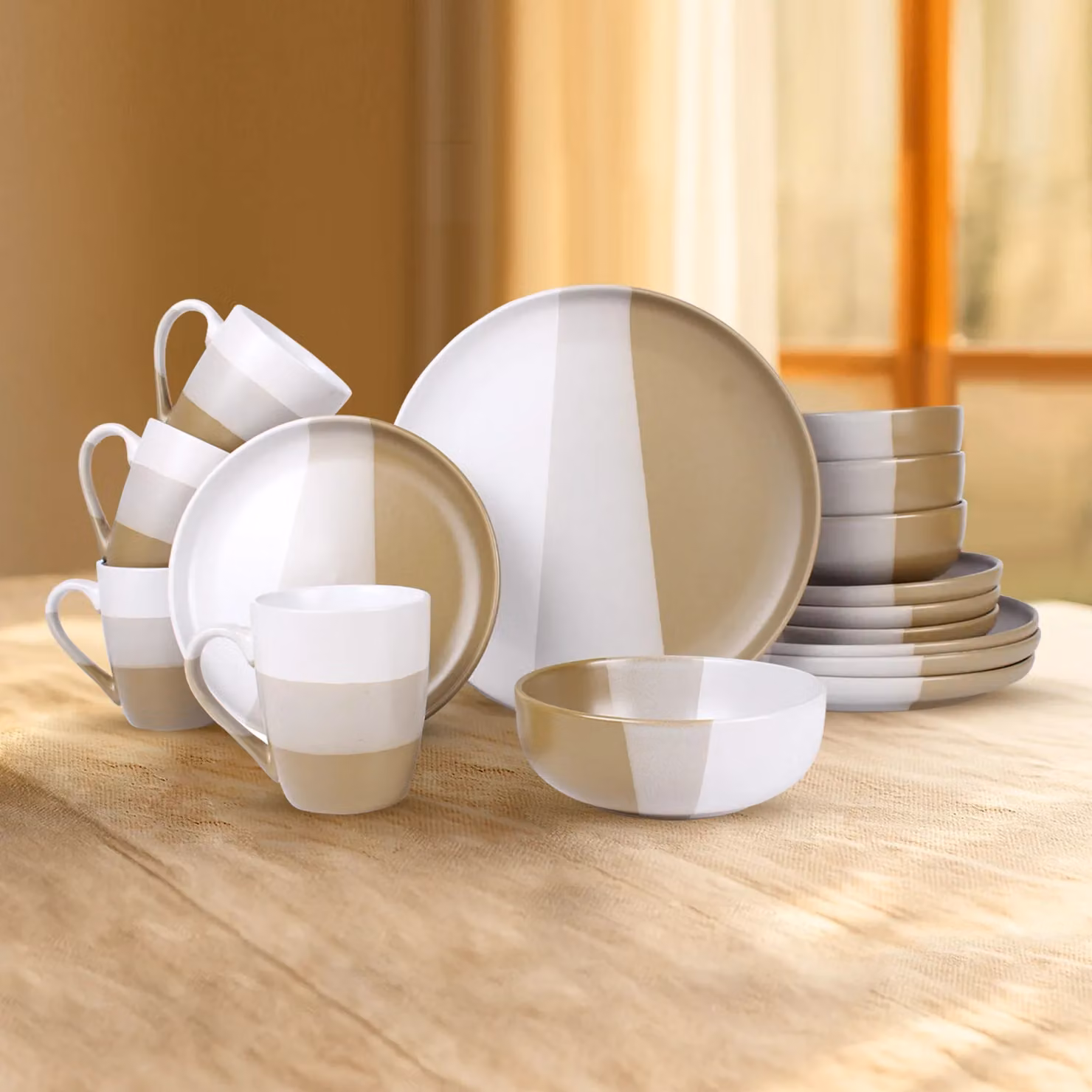 Royalford 16 Piece Stoneware Dinnerware Set in Beige, White and Brown, Microwave and Dishwasher Safe – 2