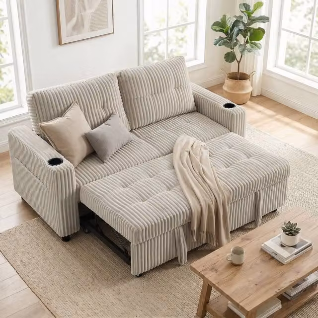 HOMCOM 2 Seater Corduroy Click Clack Sleeper Sofa with Pull Out Design and Scatter Cushions, White – 1