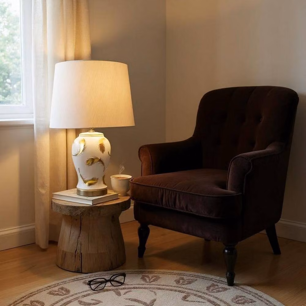 Minster Ceramic Tabletop Lamp and Shade in Brown and White, W/D/H: 40 x 26 x 65 cm – 4