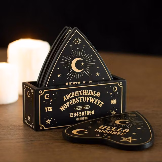 Kingsbury Gifts Talking Board Planchette Coaster Set of 4 in Black and Gold with Holder