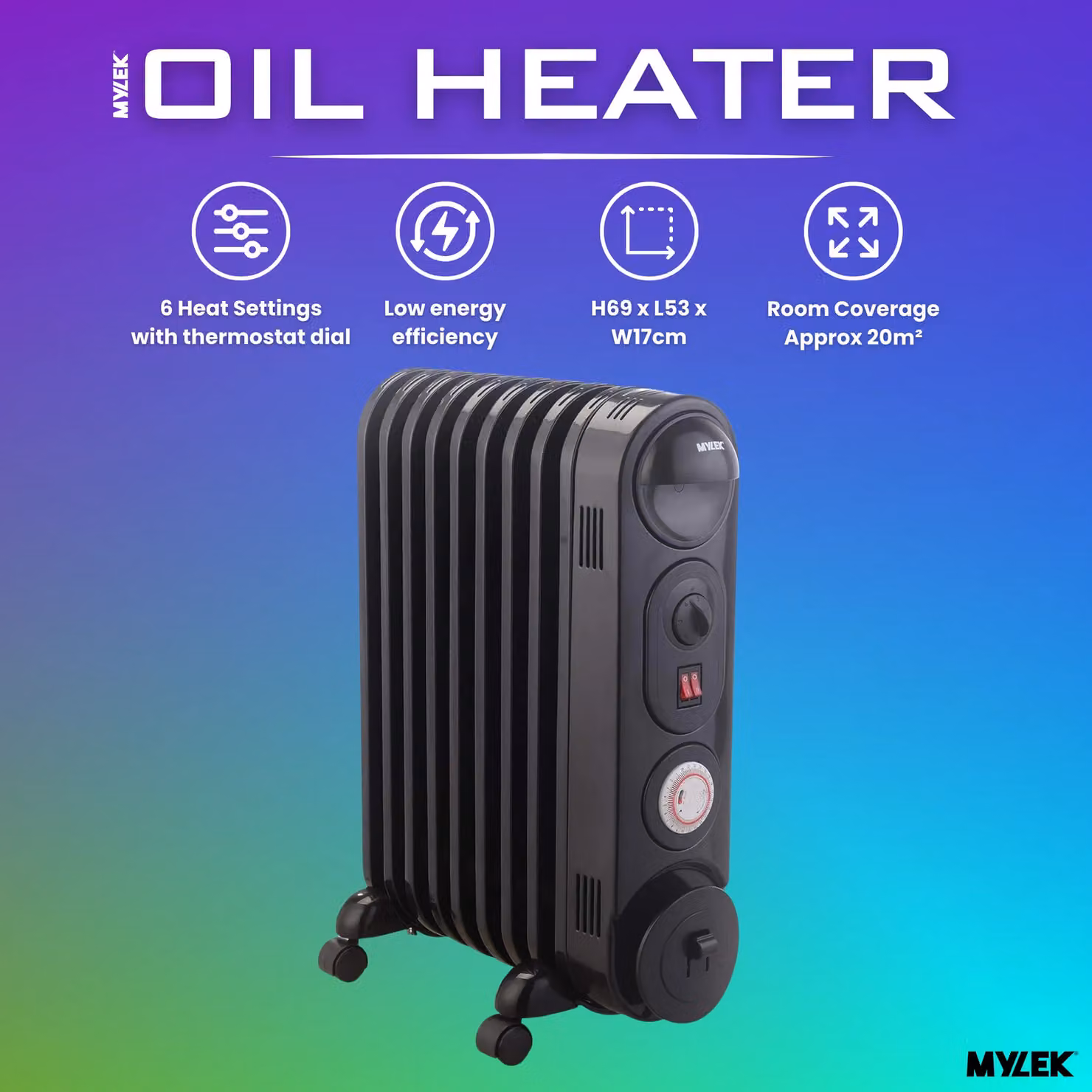 MYLEK Black 2kW Electric Oil Filled Radiator with Thermostat, 24 Hour Timer and Tilt Protection – 2