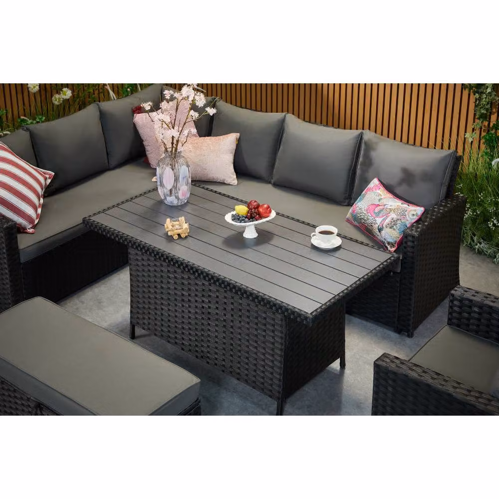 Furniture Maxi Rosen 9 Seater Rattan Corner Sofa Set with Aluminium Dining Table in Black – 2