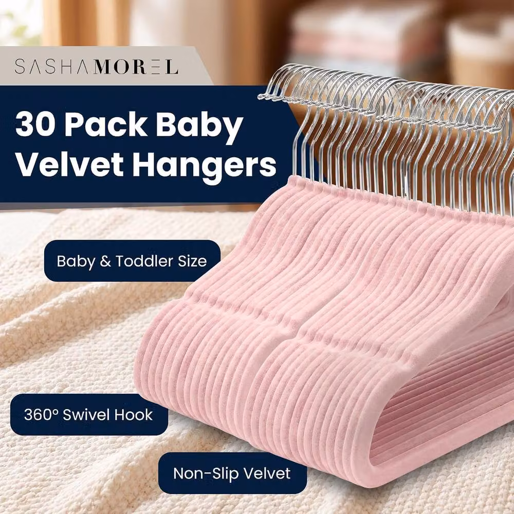 Sasha Morel Pink Velvet Baby Clothes Hangers with Swivel Hooks, 30 Pack – 2