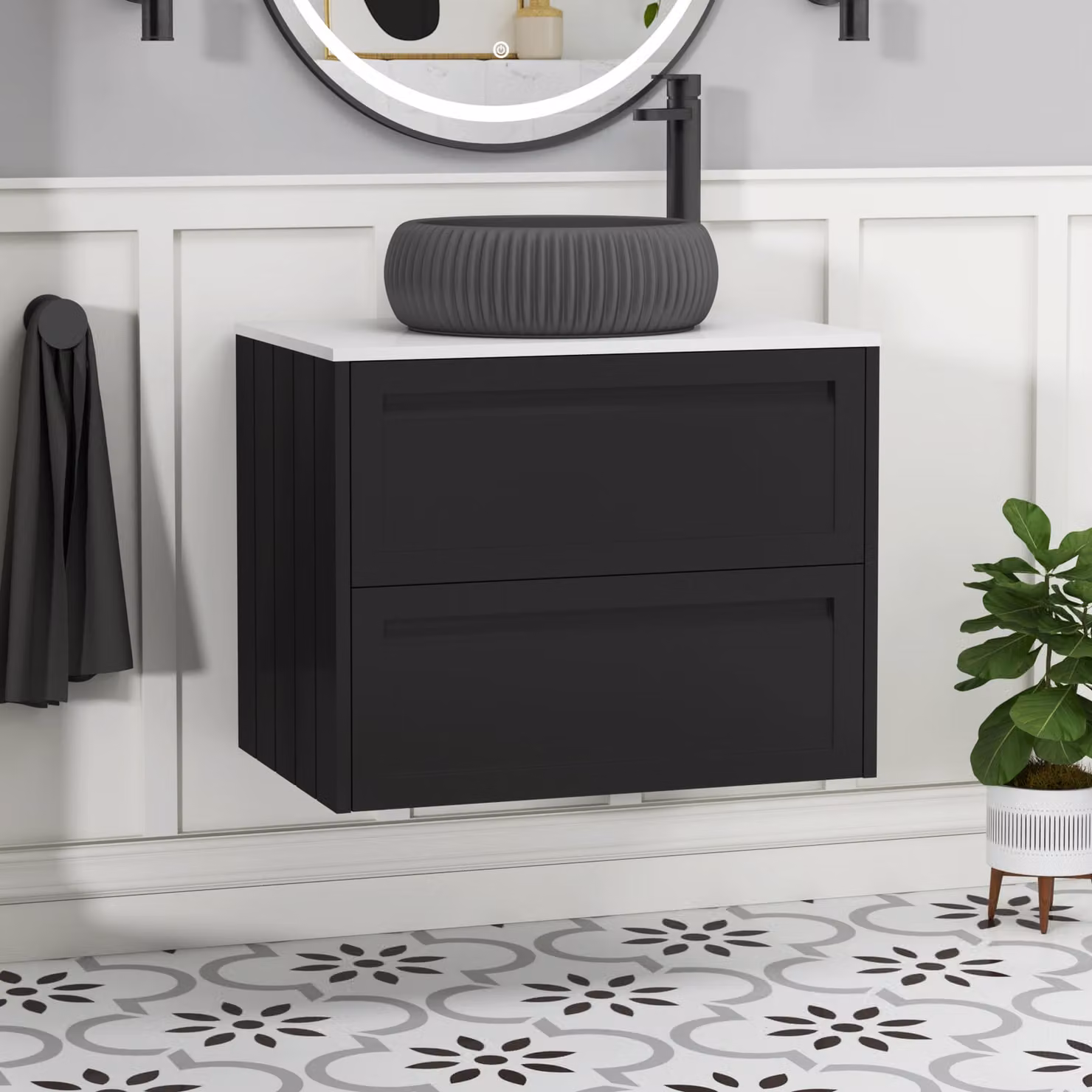 Royal Bathrooms Elmore Wall Hung Vanity Unit with Milan Black Basin, Matt Nocturne Black and Plain White Worktop, Width: 70 cm
