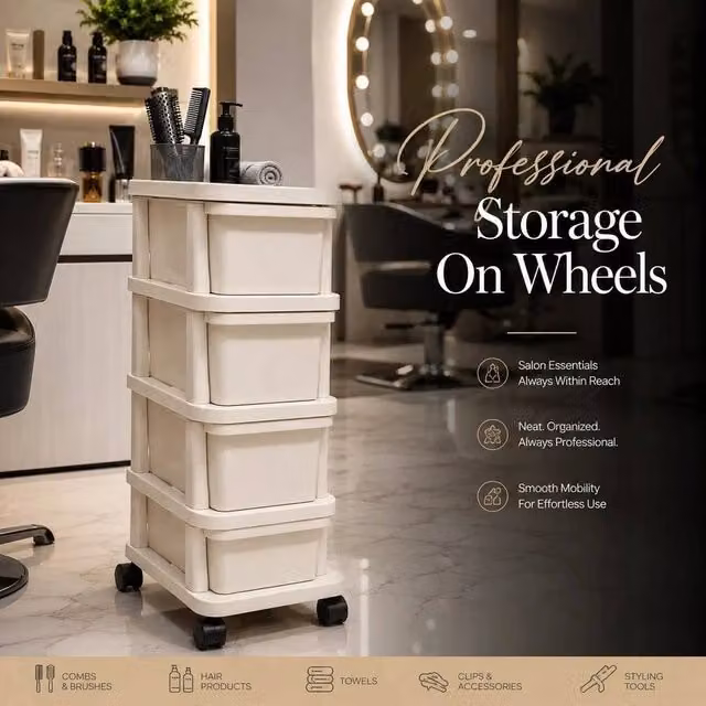 FORGEVIO 4-Tier Plastic Storage Trolley with Castors in Milky White