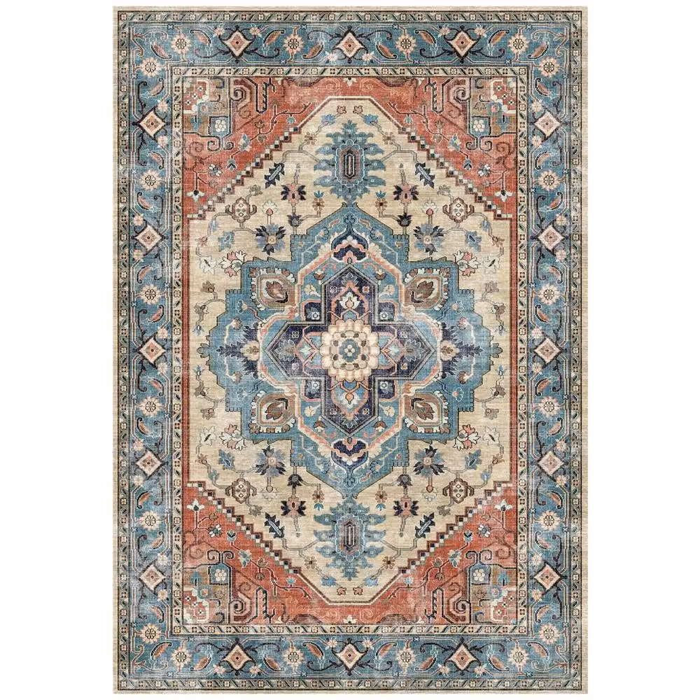The Rug Shop UK Blue Bordered Geometric Traditional Stain-Resistant Polyester Rug, W: 60 cm, L: 180 cm – 2
