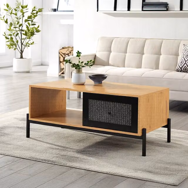 Livingandhome Rectangular Rattan Coffee Table with Storage in Brown and Black