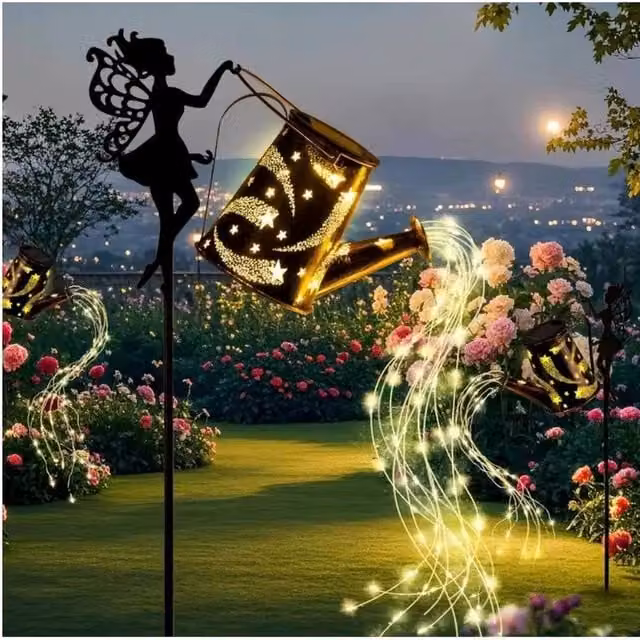 KORVIXA Solar Watering Can with 90 LED Warm White String Lights in Brown Metal – 1
