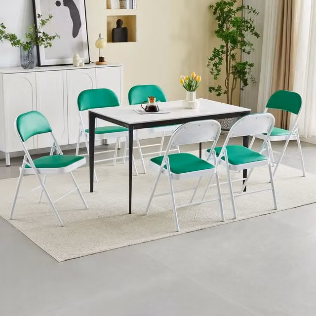 MCC Direct Set of 6 Green Folding Dining Chairs with Metal Frame and Synthetic Leather Padded Seats
