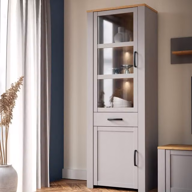 Furniture To Go Bohol Narrow Display Cabinet with Integrated LED Lights, Glass Doors and Soft Close Hinged Doors in Riviera Oak and Grey Oak