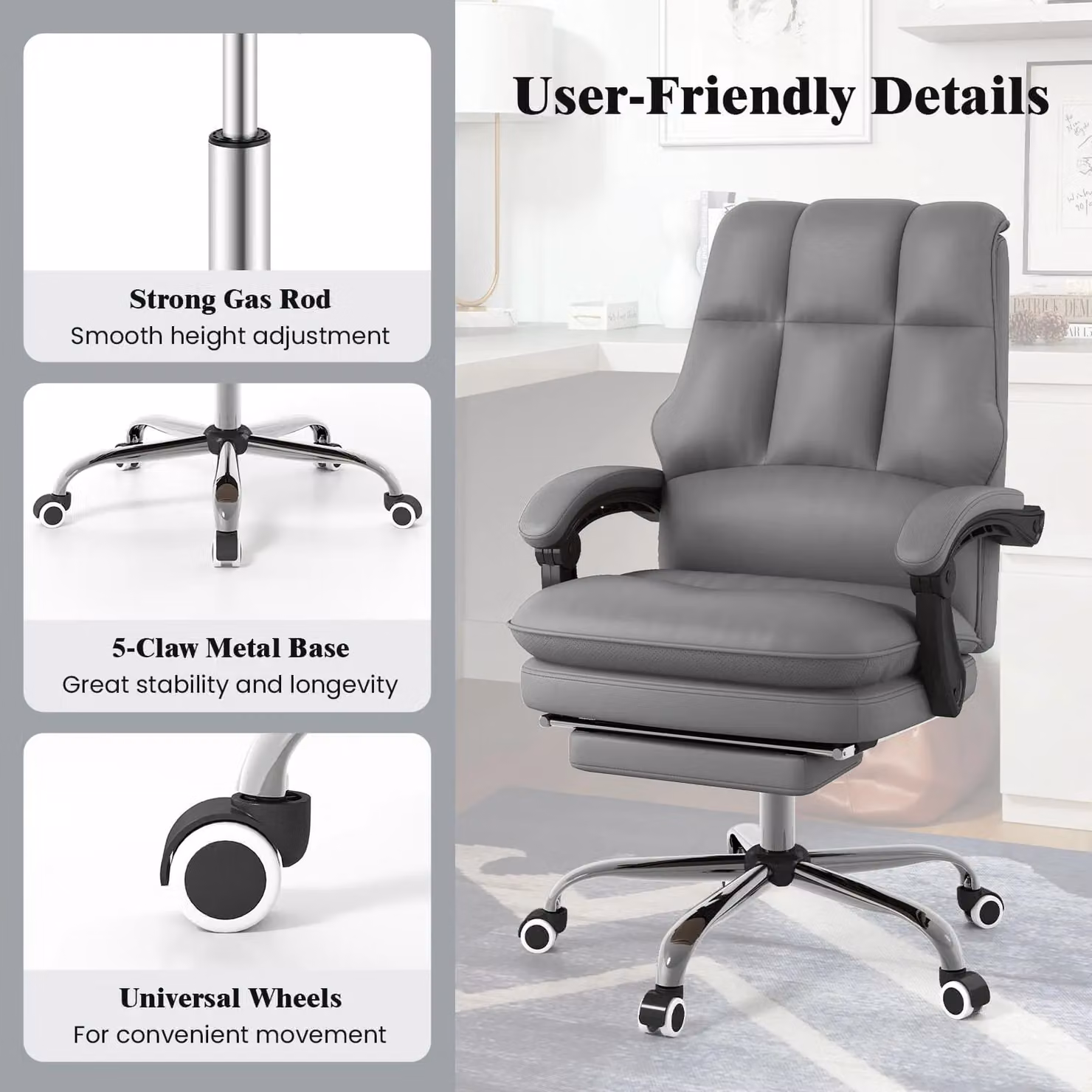 Costway Ergonomic Grey PU Leather Office Chair with Swivel Seat and Headrest – 4