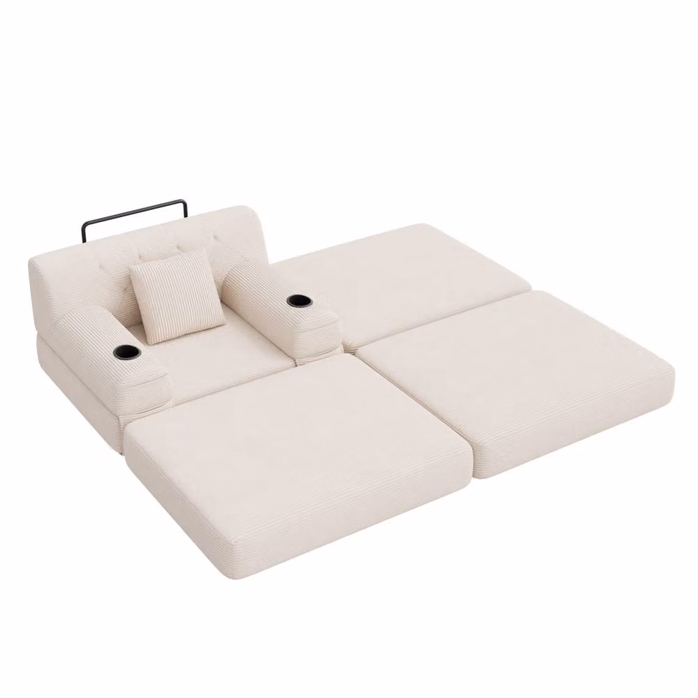 BTM Cord Sleeper Chair and Ottoman Set in Beige with Cup Holders and Side Pockets – 2
