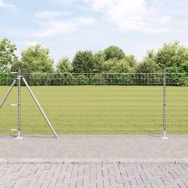 Berkfield Home Euro Fence with 7 Flanged Round Posts, Galvanised Steel, Grey, W: 10 m, H: 0.8 m