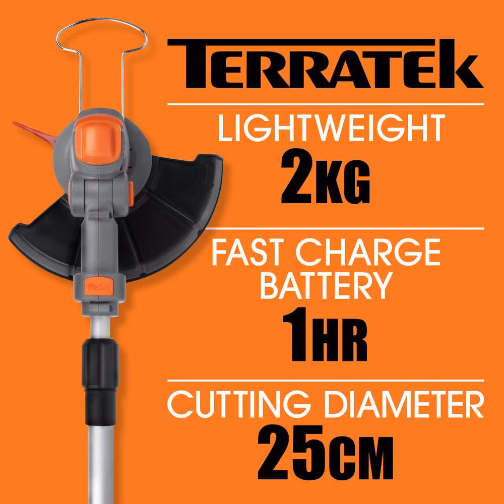 Terratek 20V Cordless Strimmer and Grass Cutter in Grey with 2 Rechargeable Batteries, Charger and Plastic Blades – 6