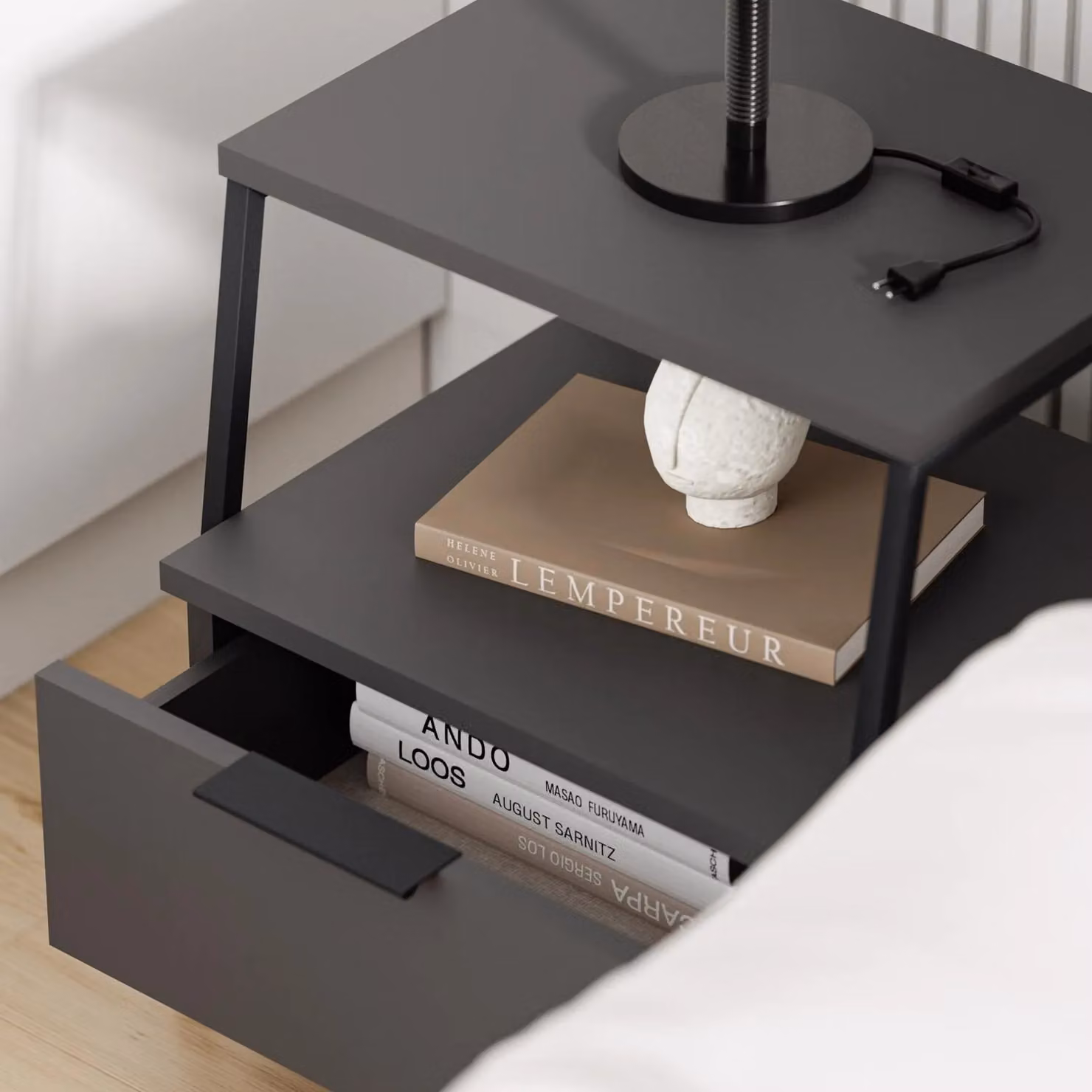 FWStyle Modern 1 Drawer Bedside Chest Table with Open Shelf in Anthracite Grey – 2