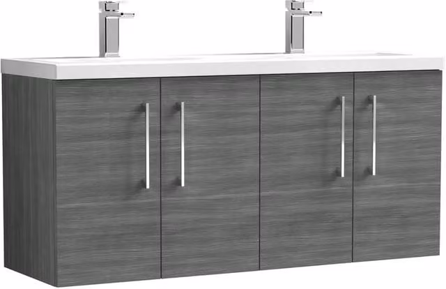 Balterley Level 1200 mm Wall Hung 4 Door Bathroom Unit with Double Basin in Anthracite Grey Woodgrain