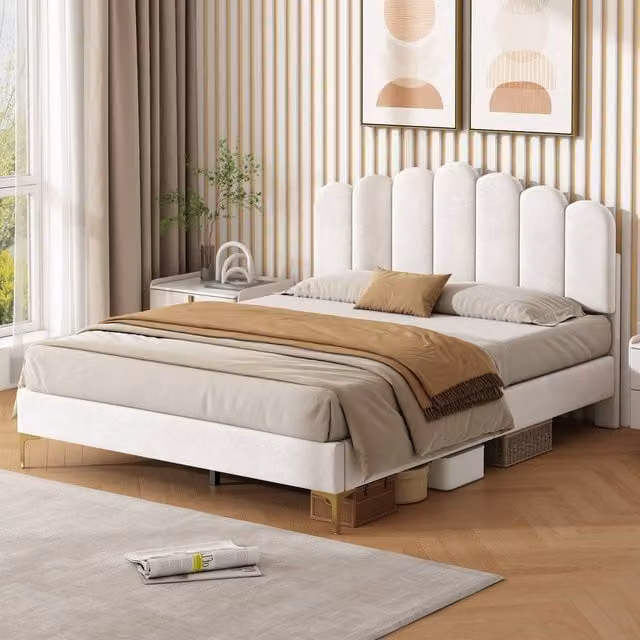 ModernLuxe Upholstered Double Bed Frame with Adjustable Headboard in Beige Velvet, W/D/H: 140 x 200 x 136 cm