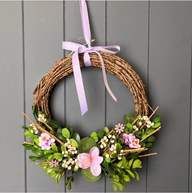 KDMD Round Rustic Hanging Floral Wreath with Flowers and Leaves in Brown and Green – 1