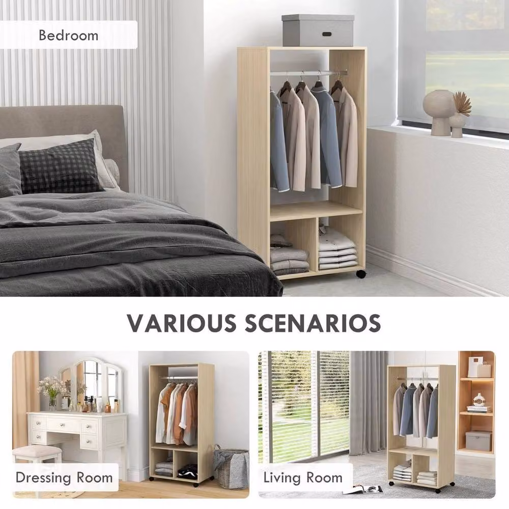 NESTLUNE Open Wardrobe Clothes Rail with Storage Shelves in Light Oak, W: 100 cm, D: 15 cm, H: 128 cm – 3