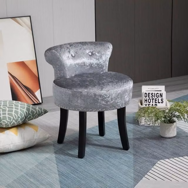EONLION Grey Velvet Dressing Table Stool with Wood Legs – 1