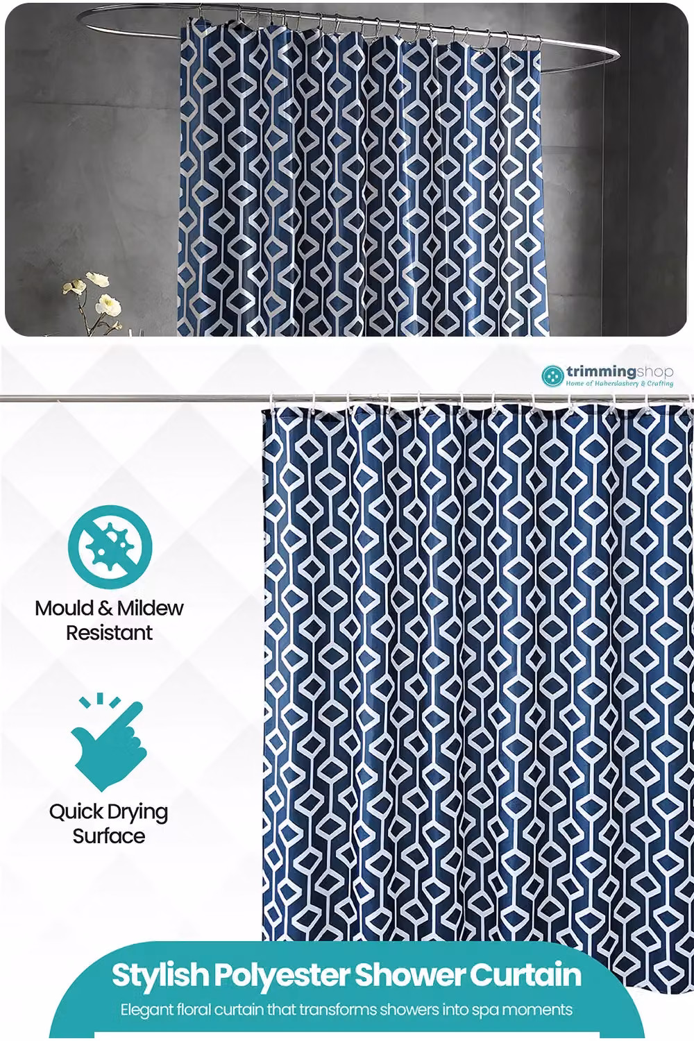 Neel Blue Abstract Geometric Shower Curtain, Navy Blue, W/D/H: 180 x 180 x 200 cm – 3