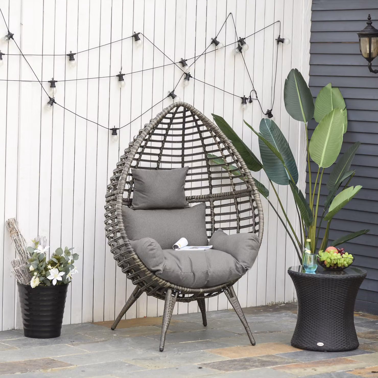 Outsunny Grey Rattan Egg Chair with Cushions for Indoor and Outdoor Use – 2