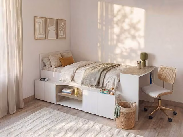 Vente-unique Single Combined Bed with Desk and Storage in White and Black, W/D/H: 90 x 200 cm