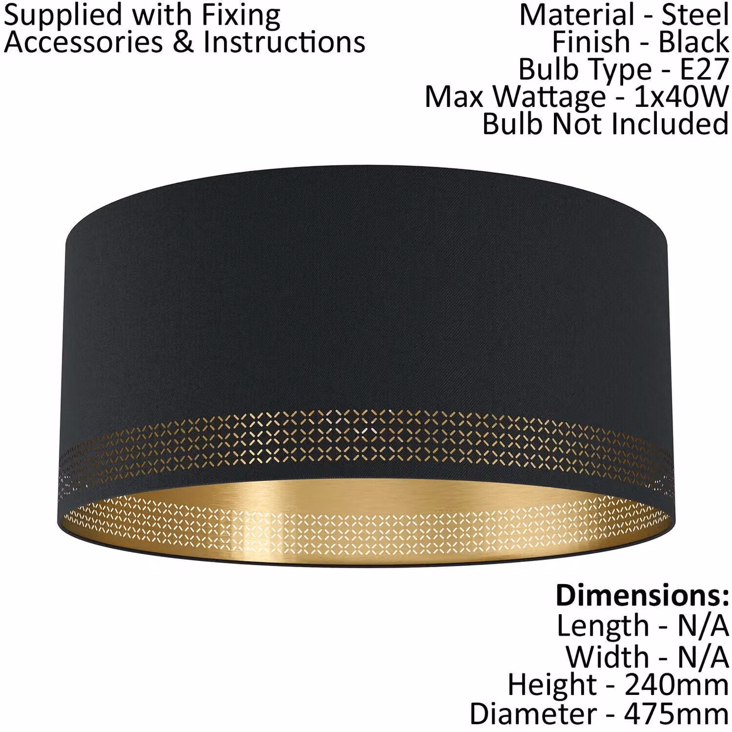 Loops Black and Gold Fabric Ceiling Light with E27 Bulb Holder – 2