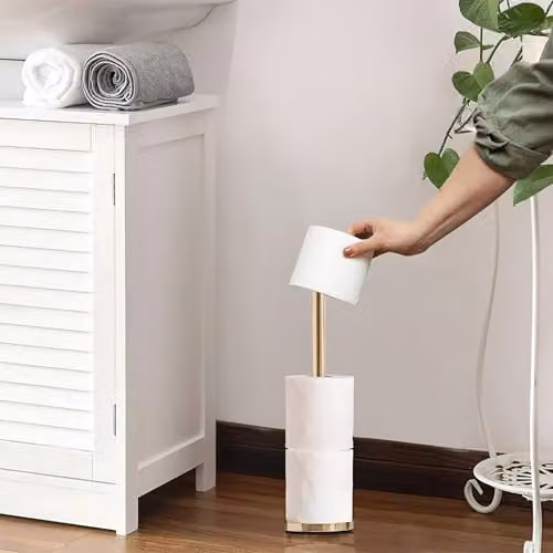 Orsina Freestanding Toilet Roll Holder with Spare Roll Holder in Gold and White – 4