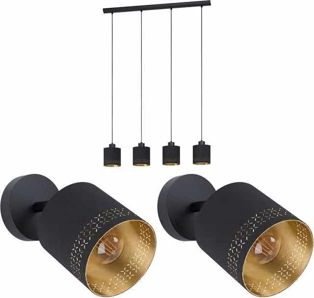 Loops Quad Ceiling Light and 2x Matching Wall Lights with Round Black and Gold Fabric Shades
