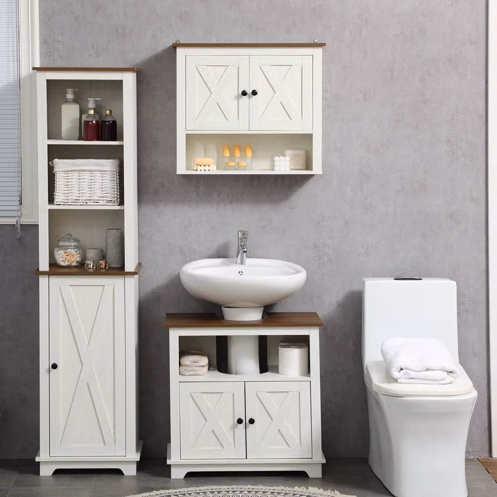 STILVORA White Under Sink Bathroom Cabinet with Hinged Double Doors and Internal Shelves – 5