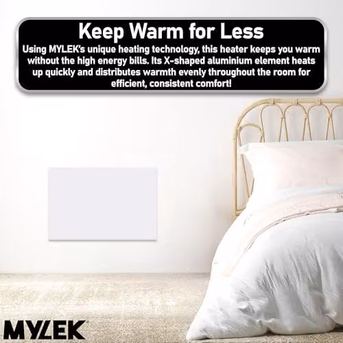 MYLEK 1200W White Slimline Wall Mounted Electric Panel Convector Heater with Thermostat, Frost Protection and Overheat Protection, W: 63 cm, H: 42.5 cm – 6