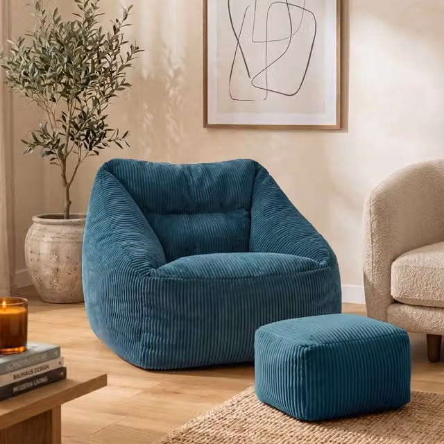 icon Natalia Cord Bean Bag Chair and Footstool Bundle in Petrol Blue – 1