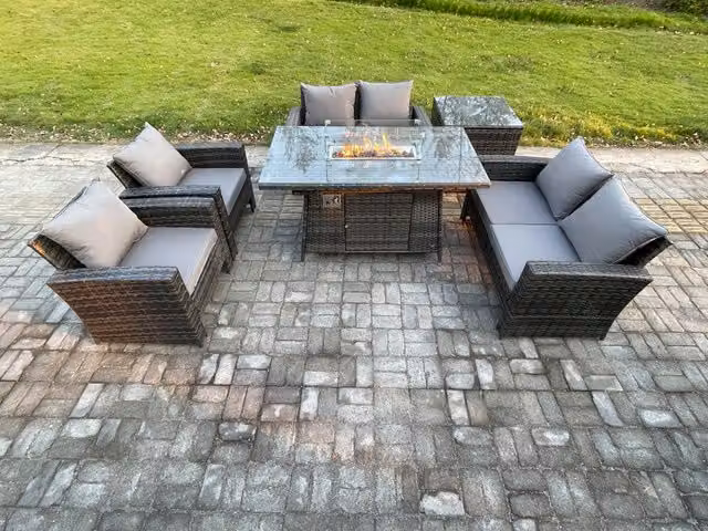 Fimous 6 Seater Wicker PE Rattan Garden Furniture Set with Gas Firepit Dining Table and Double Seat Sofa in Dark Grey