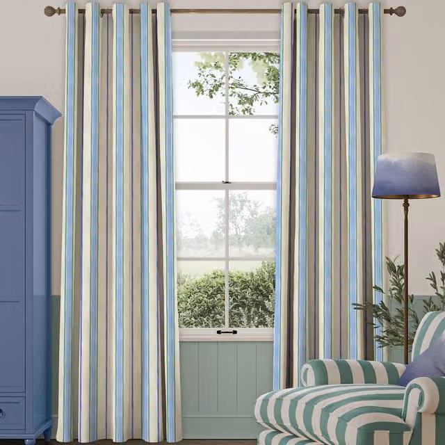 Bluebellgray Seaside Stripe Atlantic Made To Measure Blackout Eyelet Curtains in Blue Cotton